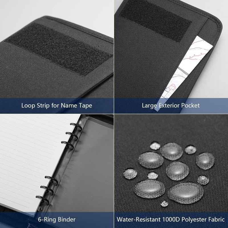 ‎KOSIBATE Tactical Notebook Padfolio Ring Binder with 80 Sheets, Tactical Binder Zippered for Folders, Cards Refillable 6-Ring Notepad,Army Military Waterproof Notebook Cover(Black,7.3"x10.1") - Image 4
